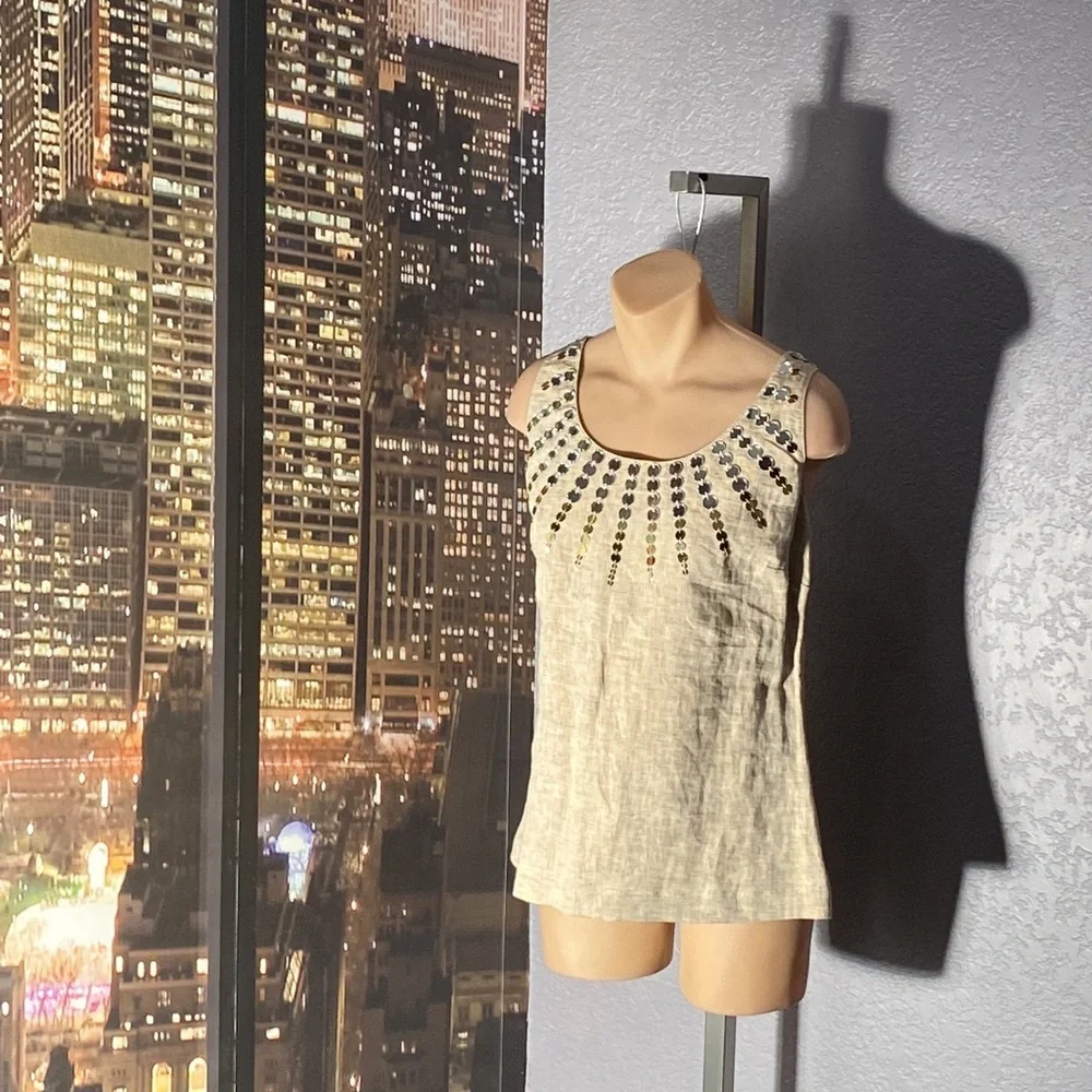 TORY BURCH - linen tank tunic w little mirror discs surrounding neck, zip - 8 - Picture 5 of 16